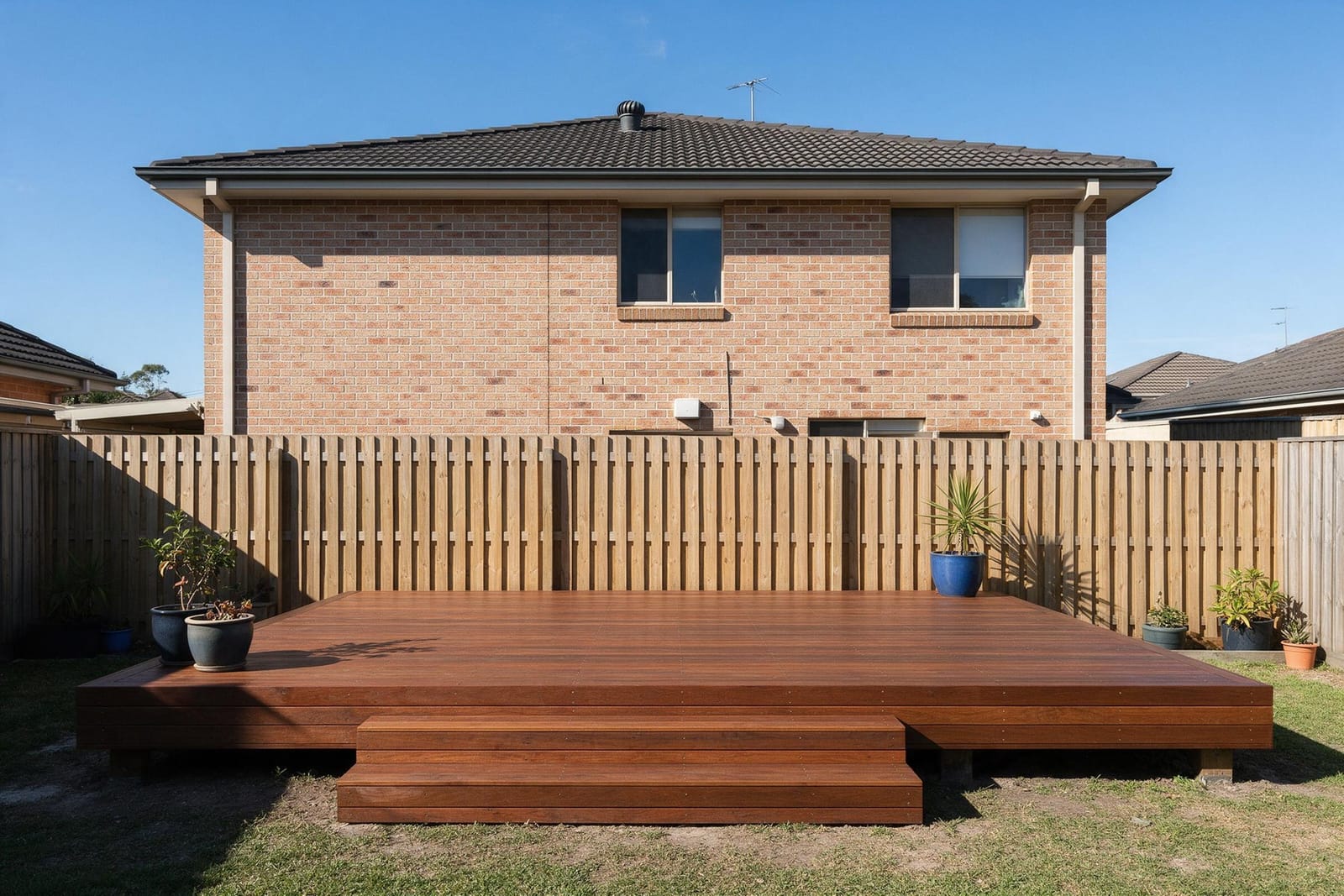A new hardwood deck and steps at the back of a brick house, with a new timber paling fence behind.