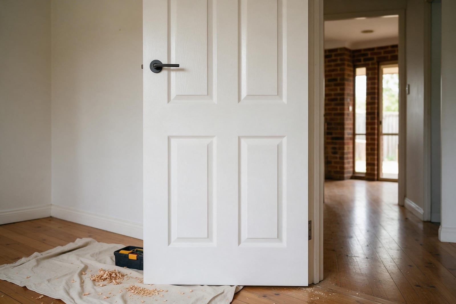 A newly hung white internal door with a black lever handle in a hallway with timber floorboards.