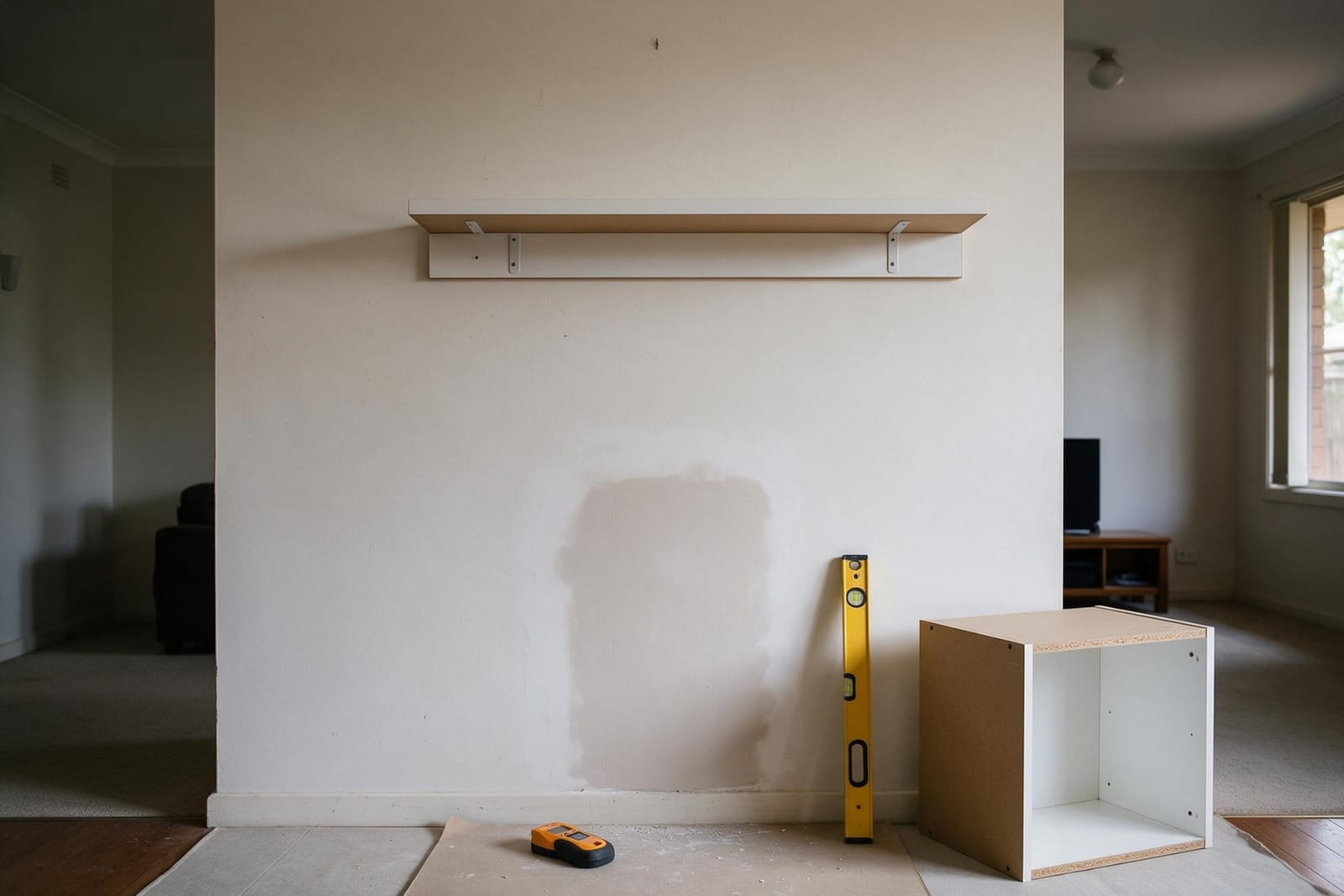 A freshly patched plaster wall with a new floating shelf above and an assembled cabinet nearby.
