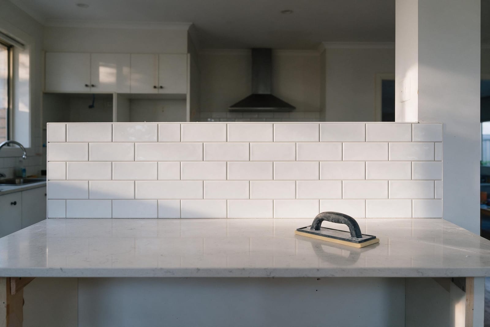 A new white subway tile splashback behind a stone benchtop in a renovated kitchen.