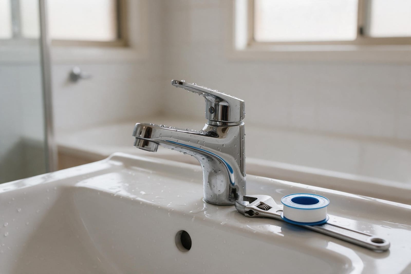 A new chrome mixer tap on a white basin, with a spanner and thread tape on the vanity.