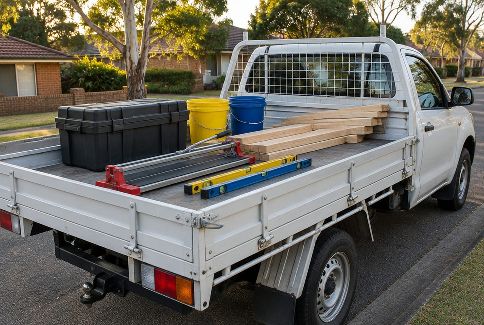 The tray of a white work ute loaded with a toolbox, tile cutter, spirit levels and timber, parked on a suburban street.